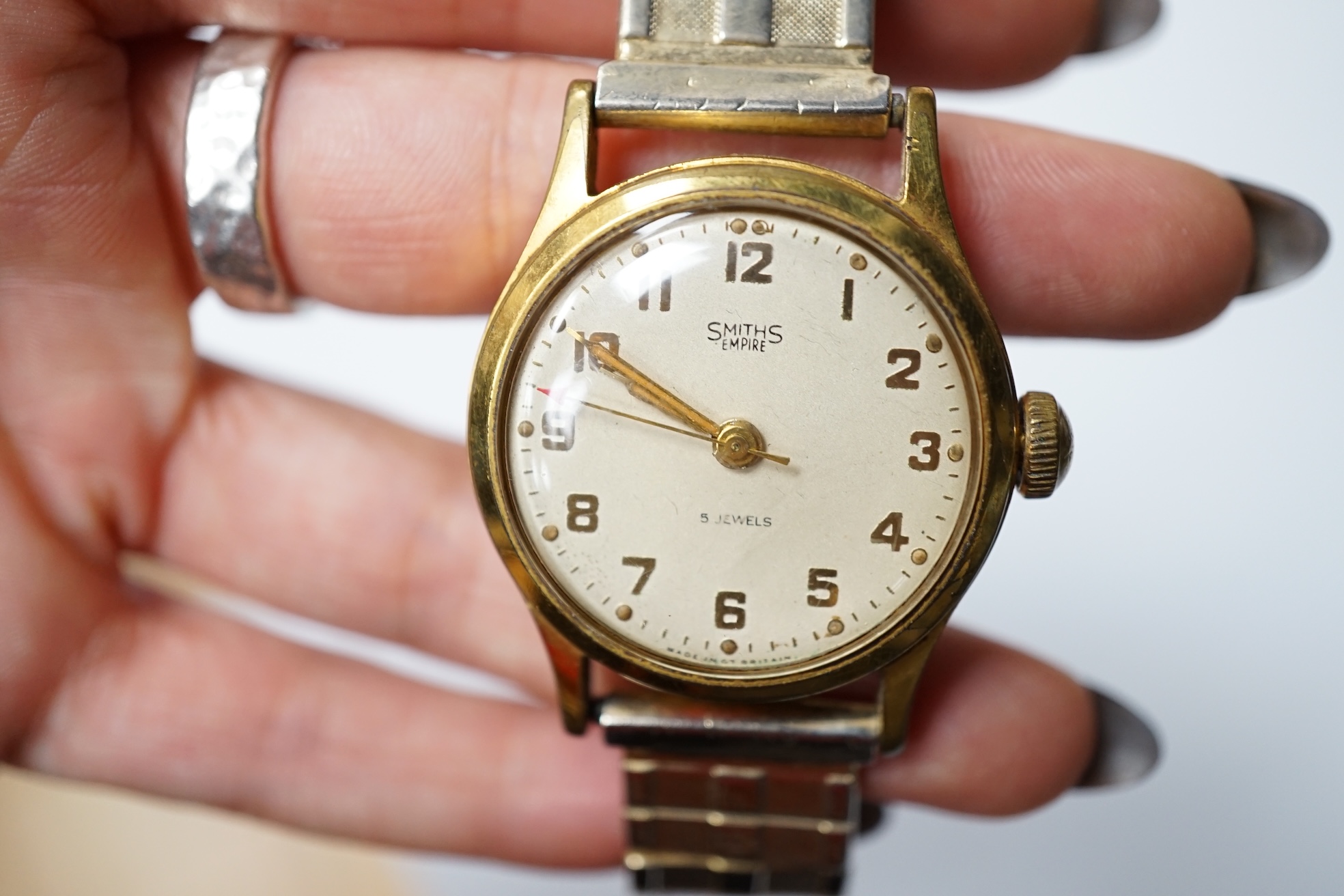 A lady's modern 925 Quinn wrist watch, with heavy silver curb link bracelet and two other wrist watches including a Smiths Empire. Condition - poor to fair